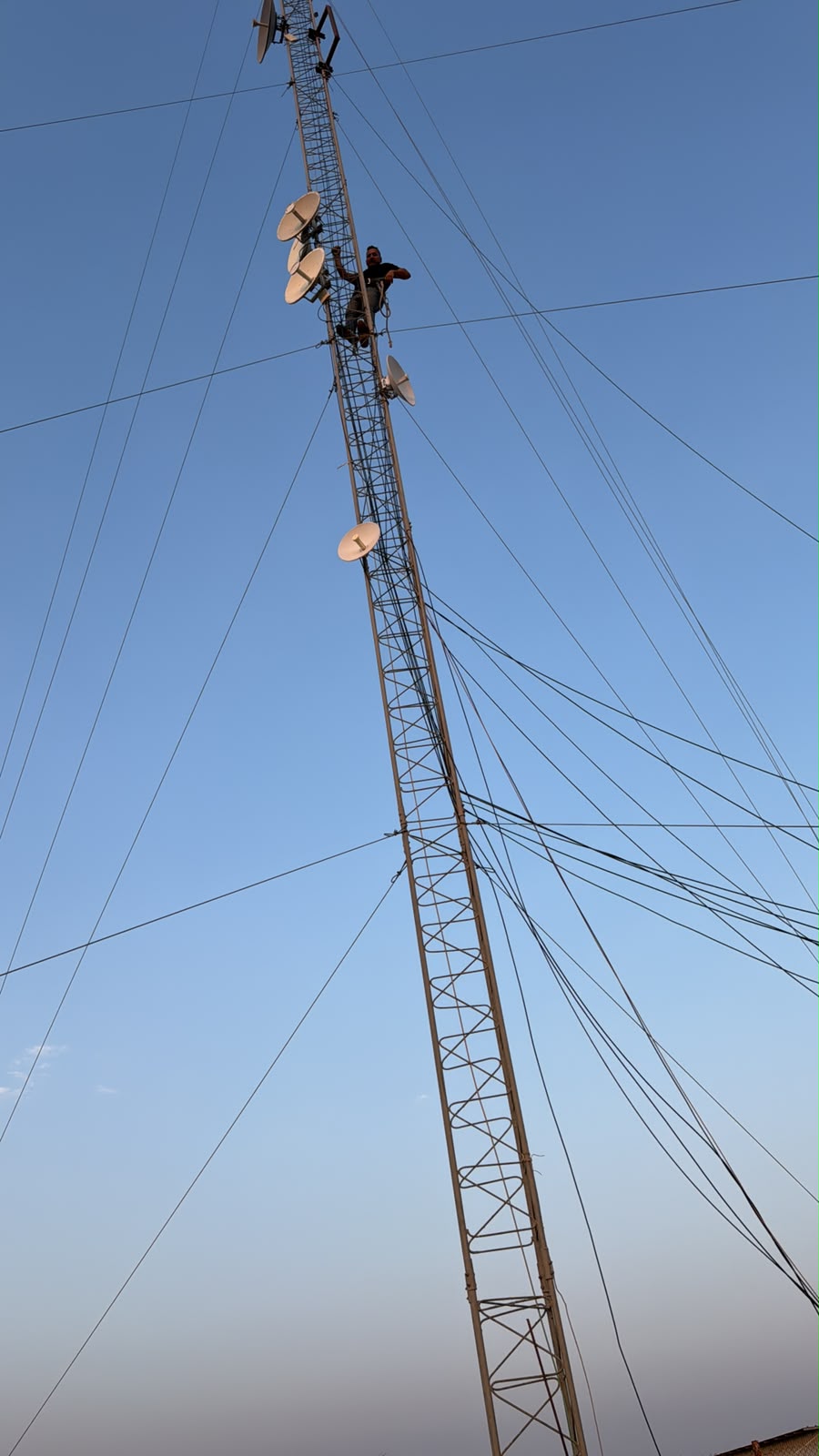 Technician installing microwave backhaul links on a tower